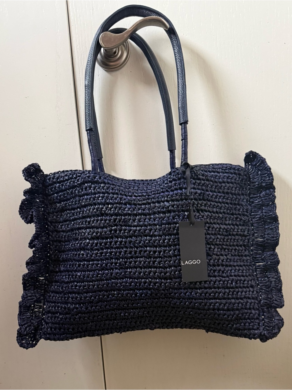 REDUCED LARGE Laggo Dark Navy Raffia Ruffled Tote Bag NWT